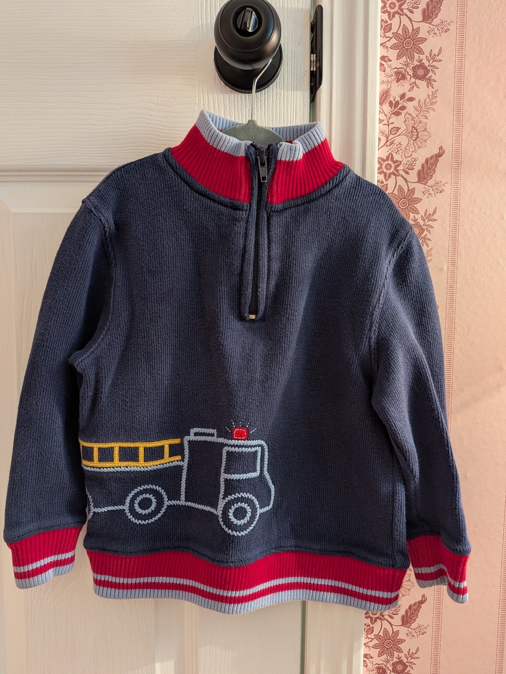 Talbots Navy Knit Pullover with Fire Truck Applique and Red Trim